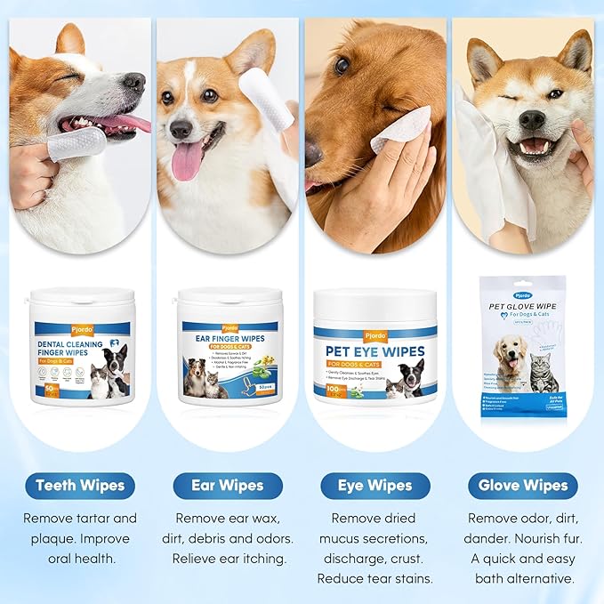 Dog Wipes Cleaning Deodorizing, Grooming Wipes & Paw Cleaner, Pet Cleaning Kit for Teeth, Ears, Eyes, Paw, Body, Ear Rinse, Essential Dog Supplies Set