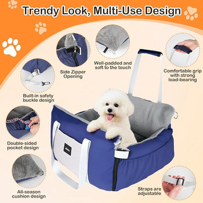 SIVES Dog Car Seat for Small Dogs, Soft Booster Seat Travel Bed with Side Flaps, Non-Slip Base, Seat Belt Straps + Safety Tether, Storage Pocket, Washable Cushion, Recommended Up to 33 lbs, Blue