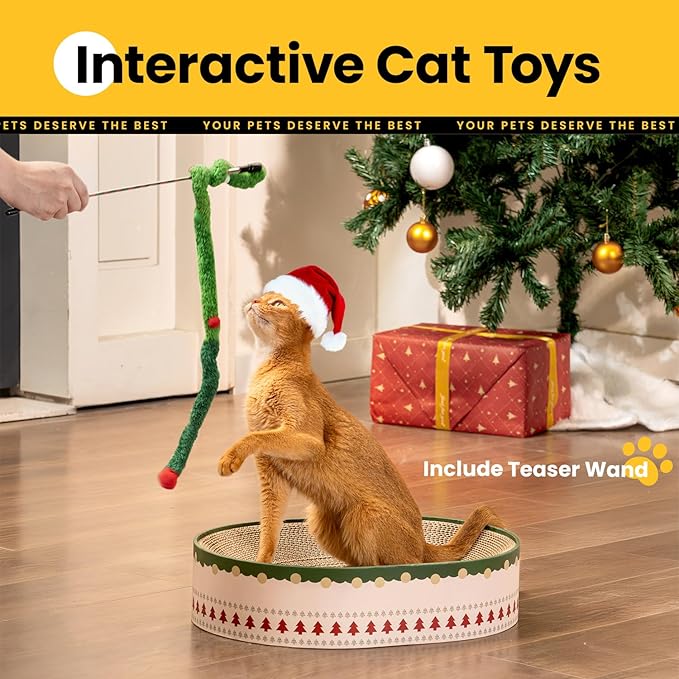 Cat Scratcher Bed, 2 in 1 Oval Cat Scratching Board for Indoor Kitty Scratch Pad Corrugated Cardboard Lounge Bowl Nest Couch Sofas for Kittens, Includes Cat Toy, Christmas