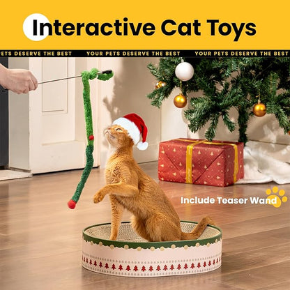 Cat Scratcher Bed, 2 in 1 Oval Cat Scratching Board for Indoor Kitty Scratch Pad Corrugated Cardboard Lounge Bowl Nest Couch Sofas for Kittens, Includes Cat Toy, Christmas