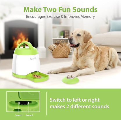 PETGEEK Dog Food Dispenser Toy, Interactive Pet Toys Treat Dispensing for IQ Training, Automatic Dog Treat Dispenser with Button Remote Push, Dual Power Supply for Indoor Outdoor Use, Green Color