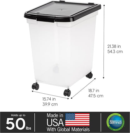 IRIS USA Airtight Dog Food Storage Container, WeatherPro, Up to 50 lbs, Removable Wheels, for Dog Cat Bird and Other Pet Food Storage Bin, Keep Fresh, Translucent Body, Made in USA, Clear/Black