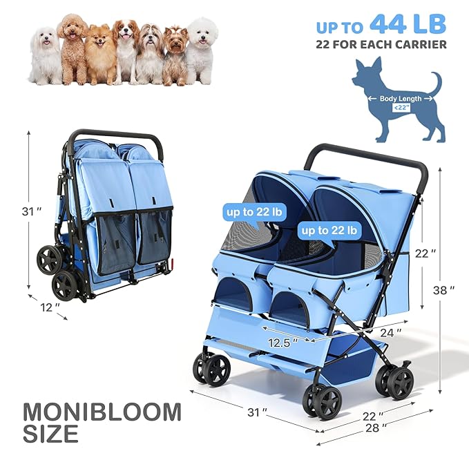 MoNiBloom Double Pet Stroller for 2 Small and Medium Dogs/Cats - 4-Wheel Foldable Design with One-Hand Quick Fold, 44 lbs Total Capacity, Adjustable Canopy & Dual Storage Baskets