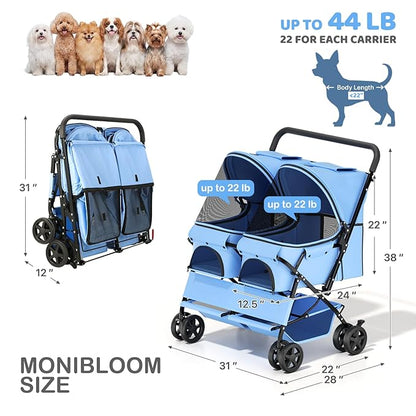 MoNiBloom Double Pet Stroller for 2 Small and Medium Dogs/Cats - 4-Wheel Foldable Design with One-Hand Quick Fold, 44 lbs Total Capacity, Adjustable Canopy & Dual Storage Baskets