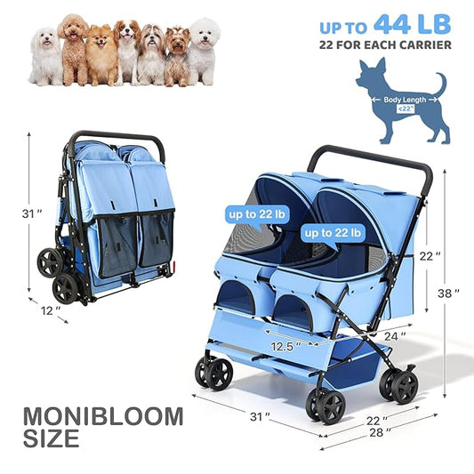 MoNiBloom Double Pet Stroller for 2 Small and Medium Dogs/Cats - 4-Wheel Foldable Design with One-Hand Quick Fold, 44 lbs Total Capacity, Adjustable Canopy & Dual Storage Baskets