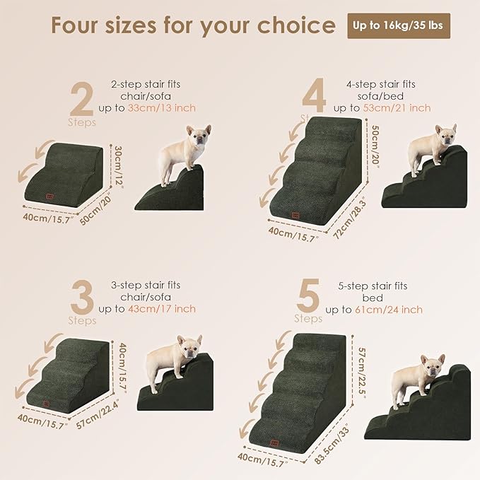EHEYCIGA Curved Dog Stairs Ramp for High Beds 22.6" H, 5-Step Dog Steps for Small Dogs and Cats, Pet Stairs for High Bed Climbing, Non-Slip Balanced Pet Step Indoor, Military Green