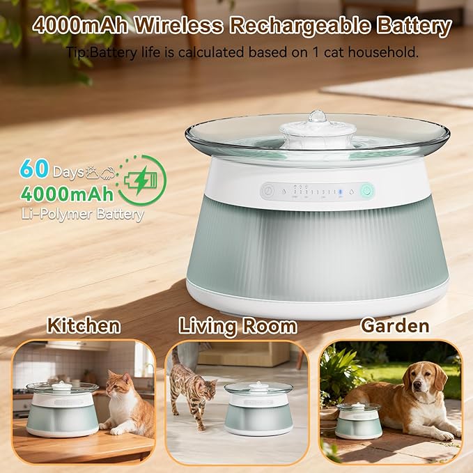 GJEASE Glass Smart Pet Water Fountain,Cat Drinking Water Fountain Bowl No Filter,Battery Operated Filterless Pet Water Fountain