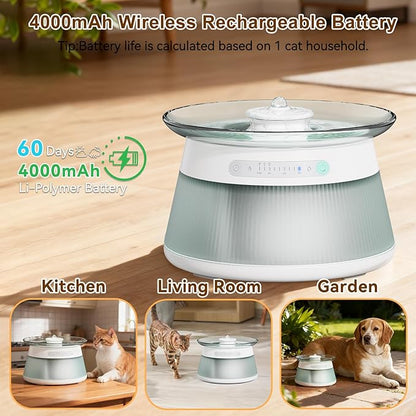 GJEASE Glass Smart Pet Water Fountain,Cat Drinking Water Fountain Bowl No Filter,Battery Operated Filterless Pet Water Fountain