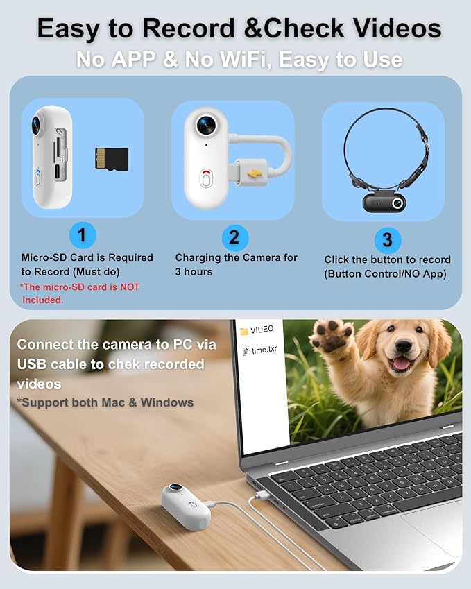 Dog & Cat Camera Collar, 1080P HD Video Recording Pet POV Cam for Medium Dogs & Large Cats, M-Size, Rechargeable Mini Action Camera with USB Playback on PC