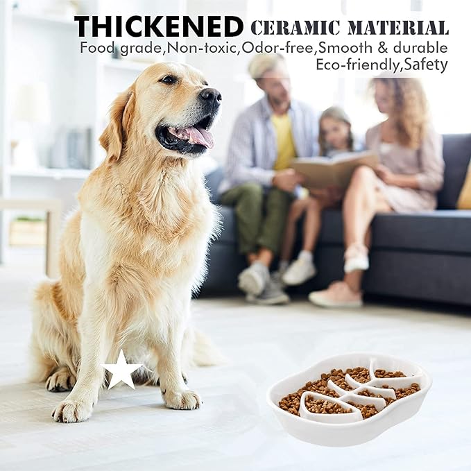 Ceramic Slow Feeder Cat Dog Bowls - Unique Fishbone Fun Interactive Design Feeder Bowl,Preventing Pet Feeder Anti Gulping Healthy Eating Diet Pet Bowls Against Bloat,Indigestion and Obesity