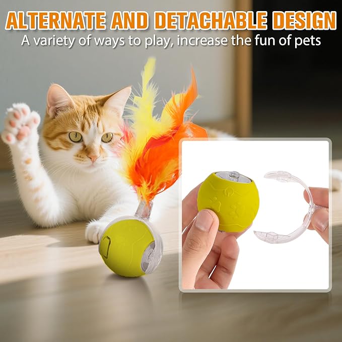 Interactive Cat Toys for Indoor,Automatic Moving Electric Rolling Pet Ball,Smart Teasing Toy for Kitty,3 Modes and USB Rechargeable,Tail 2.0 Cat Feather Toy Yellow