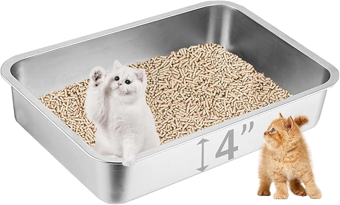 Stainless Steel Cat Litter Box, 17.7"×13.8"×4" Metal Litter Pan, Small Litter Box for Little Cats Kittens, Easy Cleaning
