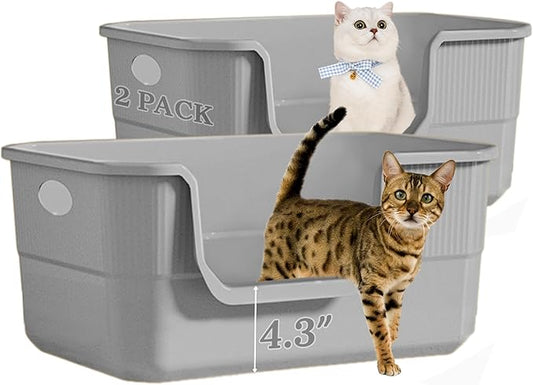 2 Pack Low Entry Litter Box for Kittens & Senior Cats, High Sided Litter Boxes with Handle, Anti-Splash Plastic Large Litter Tray Pan for Big Cat, Easy to Clean, 19.6" L*13.7" W*8.6" H (Grey)