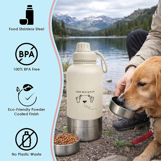 Love Wag & Play Dog Water Bottle with Food Bowls, Portable Stainless Steel Bottle for Dogs, Leakproof Travel Design with Detachable Bowls for Walks, Hikes and Outdoor Adventures (32 oz)