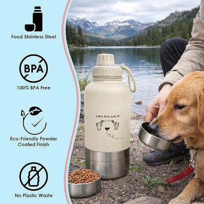 Love Wag & Play Dog Water Bottle with Food Bowls, Portable Stainless Steel Bottle for Dogs, Leakproof Travel Design with Detachable Bowls for Walks, Hikes and Outdoor Adventures (32 oz)