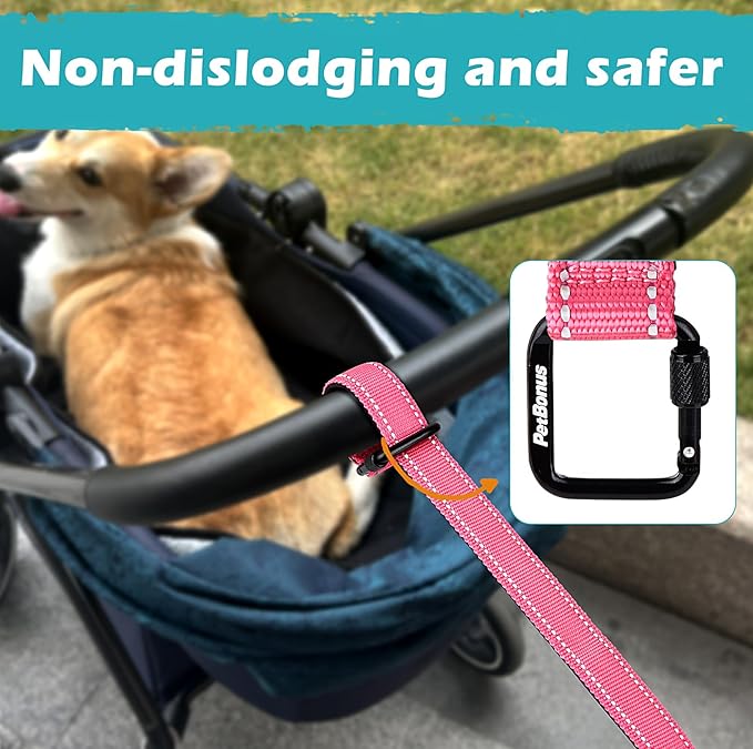 PetBonus Dog Leash Wrist Strap, Safety Strap for Retractable Leash, Lockable Reflective Short Dog Walking Lead with Adjustable Soft Padded Handle, Extra Layer Security for Pet Stroller (Pink)