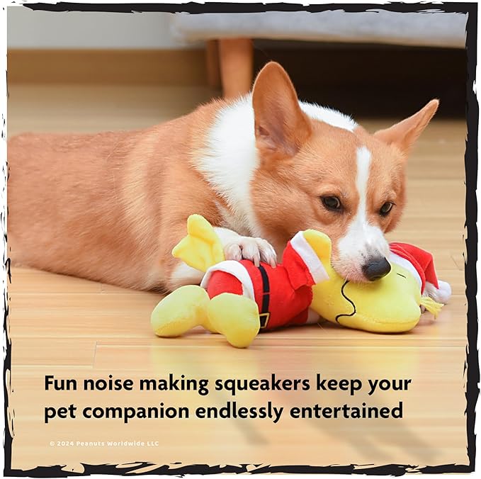 Peanuts for Pets 9" Holiday Woodstock Santa Plush Dog Toy with Squeaker | Yellow and Red Charlie Brown Plush Dog Toy | Medium Squeaky Dog Toys- Cute and Soft Stuffed Dog Toys for All Dogs Toy Bin