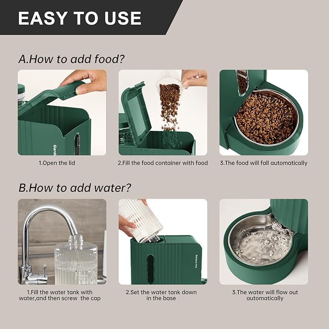 Gardner Pet Gravity Cat Food Feeder and Water Dispenser Stainless Steel Bowls Two-in-One Set Large Capacity Automatic Feeder for Pets Dogs, Puppies, Kittens-(0.8 Gallons x 2)