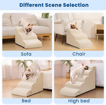 Dog Steps for Bed, 4 Step Pet Stairs for Small and Medium Dogs, Non-Slip Dog Ramp with Washable Cover, High-Density Support Foam for Easy Climbing,Beige