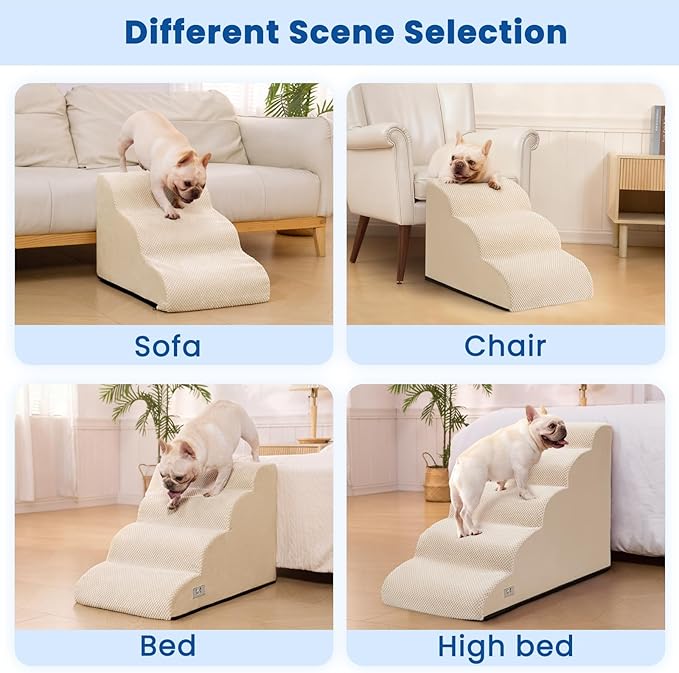Dog Stairs for Small Dogs and Cats – 3 Step Pet Ramp for Couch & Sofa, Non-Slip Dog Steps for Pets, Washable Cover, High-Density Support Foam for Easy Climbing,Beige