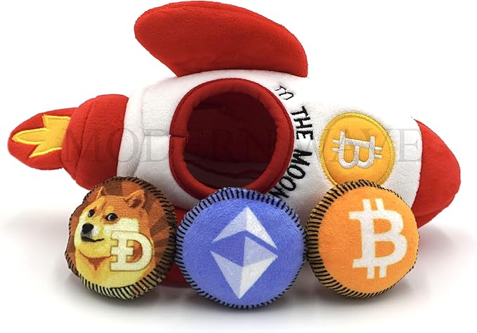 MODERN WAVE - Squeaky Plush Dog Toy Bitcoin Crypto - Interactive Hide and Seek Squirrel Type Puzzle Toy for Dogs, Small - Medium Size (Rocket and Coins)