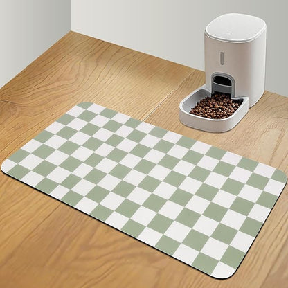 Checkered Dog Food Mat, Absorbent Leak-Proof Pet Feeding Mat, Quick Dry Cat Food Mat for Messy Drinkers 17" x 32" Green