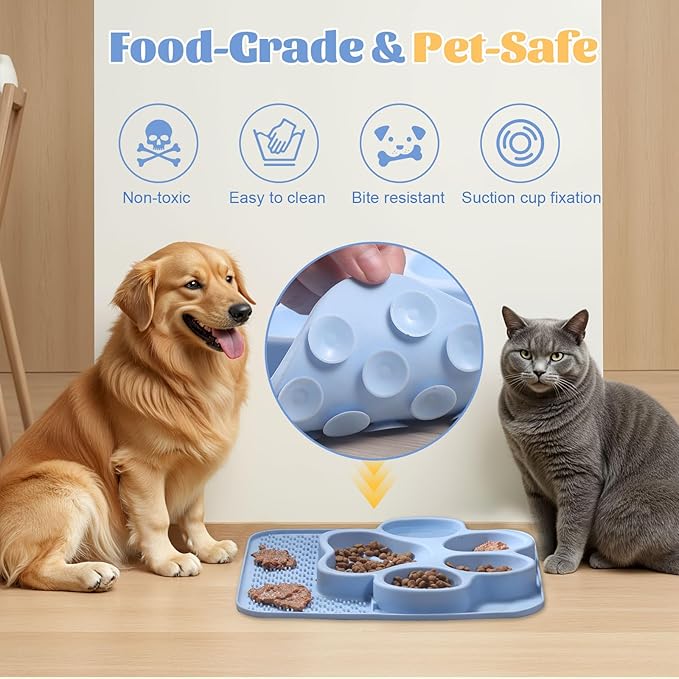 Silicone Slow Feeder Dog Bowls & Cat Bowls, 2 Cups Small Pet Food Bowl with Non-Slip Suction Base, Food-Grade Safe Puzzle Feeder for Small & Medium Dogs & Indoor Cats (Paw Lick Mat (Blue))