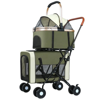 Double Pet Stroller for Dogs and Cats: Dog Stroller Foldable Travel Carriage with Detachable Carriers, Safety Belts, and 4 Lockable Wheels for Small to Medium Pets – Ideal for Multi-Pet Homes (Green)