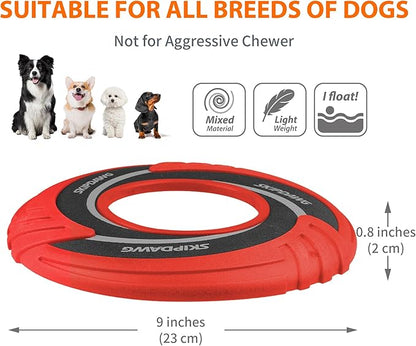 SKIPDAWG Interactive Dog Tug Toy, Dog Flying Disc Floats in Water to Keep Them Busy, Outdoor Pet Toys for Dogs Exercise Training Safe Light TPR/Nylon Fabric, Diameter 9 Inch Red Color