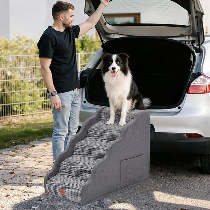 Side Armrest Dog Stairs for High Beds Up to 26-30", 5-Step Pet Ramp with Weighted Base Plate, Washable Cover, Gentle Slope Steps, Bed & Couch Ladder for Small Medium Dogs & Senior Cat