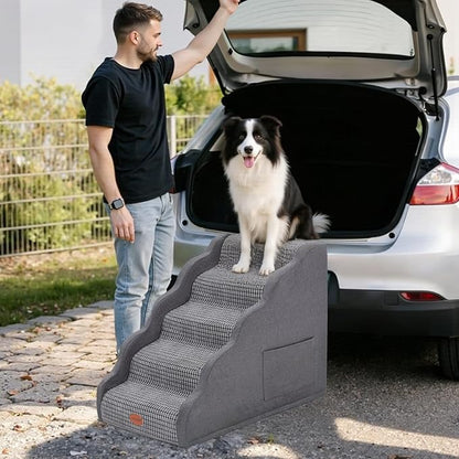 Side Armrest Dog Stairs for High Beds Up to 26-30", 5-Step Pet Ramp with Weighted Base Plate, Washable Cover, Gentle Slope Steps, Bed & Couch Ladder for Small Medium Dogs & Senior Cat