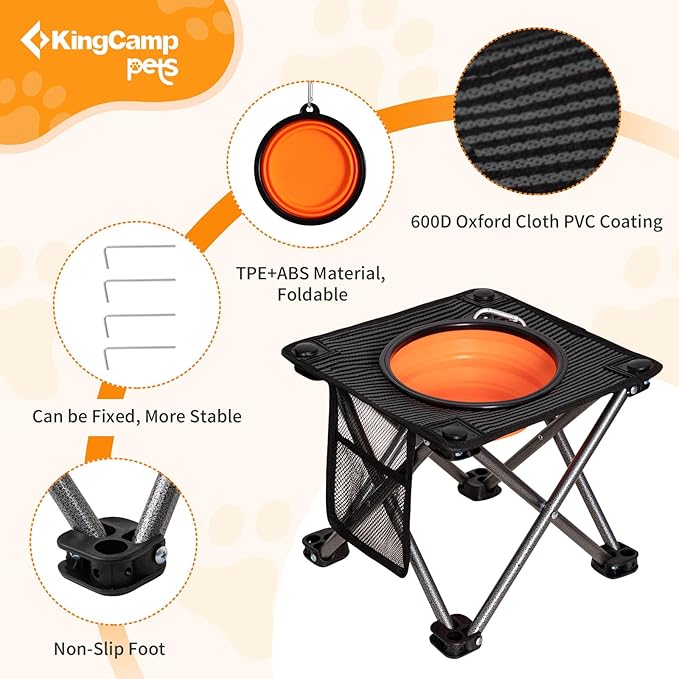 KingCamp 35oz Raised Dog Bowl, Elevated Portable Collapsible Food Bowls Stand with Non-Slip Foot & Ground Stakes for Large Medium Sized Breed Dogs