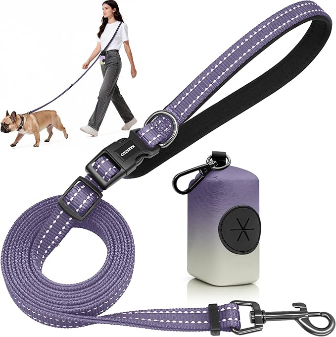 Kazazoo Hands-Free Dog Leash with Poop Bag Holder, Adjustable 4-7 Ft Waist for Dog Walking, Running for Small & Medium Dogs with Reflective Strips, Nylon Waist Belt, Deep Purple