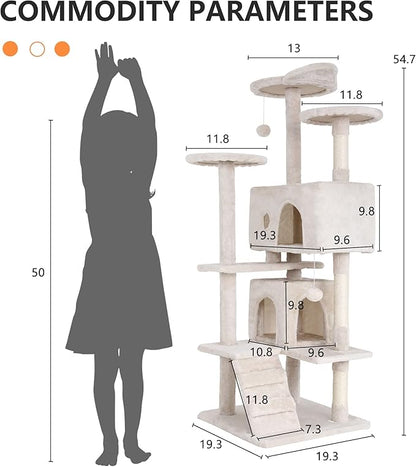 BestPet | 54" Cat Tree Tower | Beige | Sturdy, Easy to Assemble, Multi-Level Activity Center with Sisal Scratching Posts, Condos, Perches, Hanging Cat Toys, Observation Decks & Ladder