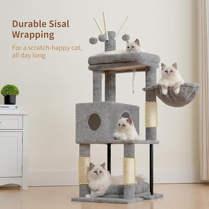 Heybly Cat Tree, 45.3-Inch Cat Tower for Indoor Cats with Large Perch, All-in-One Cat Furniture with Cozy Bed, Hidden Space Cat Condo, Comfy Hammock, Scratching Posts & 3 Pompoms, Light Gray HCT202SW