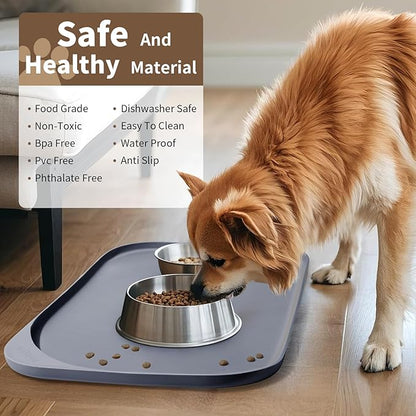Silicone Pet Food Mat with Raised Edge for Food and Water Bowl, Dog Feeding Mats, Cat Food Trays for Floor Waterproof, Rubber Tray for Dogs and Cats, 22 x 14 x 0.8 Light Gray