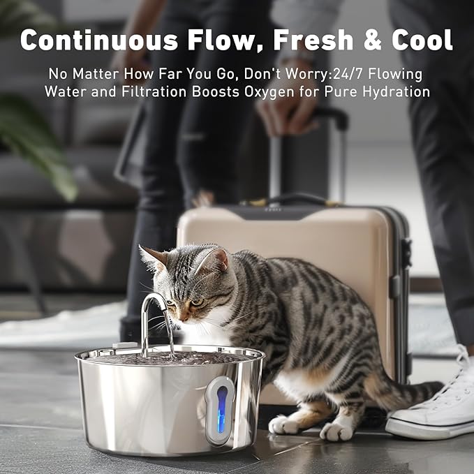 Stainless Steel Cat Water Fountain, 135oz/4L Automatic Pet Fountain Dog Water Dispenser with Ultra-Quiet Pump & 2 Replacement Filters & for Cats Inside, Dogs, Multiple Pets