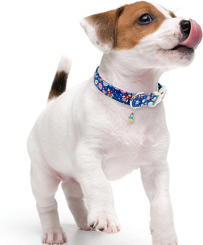 Faygarsle Space Theme Dog Collar, Navy Blue with Rockets and Planets Pattern for Summer Small Medium Large Dogs S