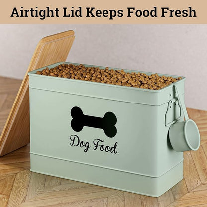 Dog Food Container Airtight 15 lb (50 Cup) Capacity with Metal Scoop - Cute Airtight Dog Food Storage Container with Bamboo Lid - Green Metal Kibble Storage Bin for Dogs up to 100 lbs - Big Pet Jar