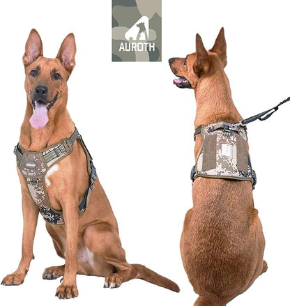 Auroth Tactical Dog Harness for Large Dogs No Pull Adjustable Pet Harness Reflective Working Training Easy Control Pet Vest Military Service Dog Harnesses Desert Camo XL