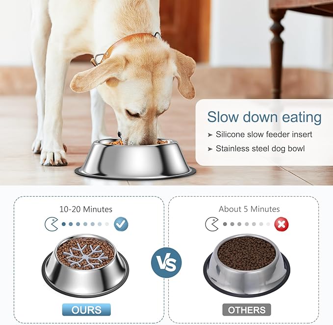 2-in-1 Metal Dog Bowl with Slow Feeder Insert, Food Grade 304 Slow Feeder Dog Bowls, Non-Slip Bottom, Pet Slower Food Feeding Bowls for Increases Feeding Time, Reduces Digestive Problems (L)