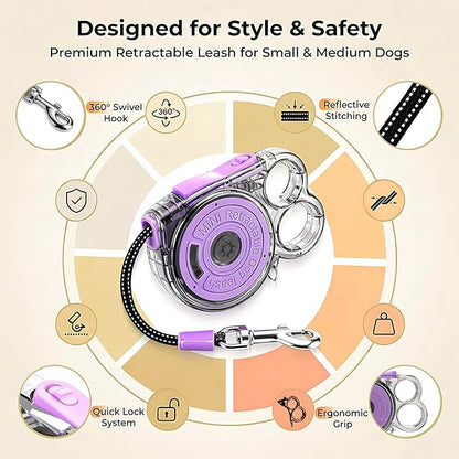 Retractable Dog Leash for Small Dogs, 10ft Retractable Leash for Puppies Up to 26 lbs, 360° Tangle-Free Heavy Duty Nylon Tape, One-Handed Brake Pause Lock, Reflective Strip for Safe Night Walking