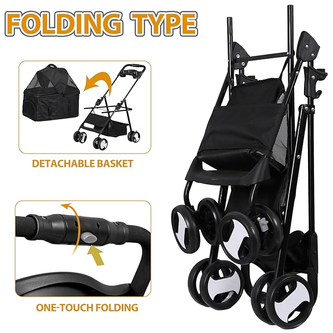 Pet Stroller 4 Wheels Dog Cat Stroller, Detachable Carrier Travel Folding Carrier for Small Medium Dog Cats (Black)