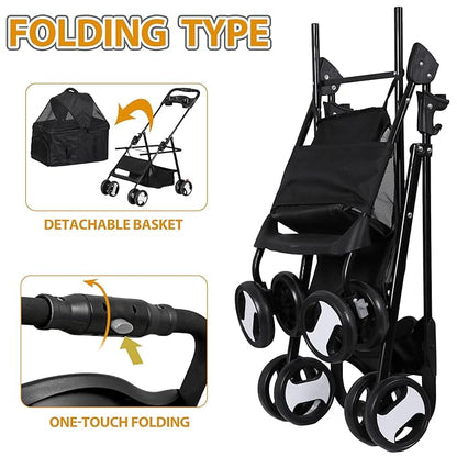 Pet Stroller 4 Wheels Dog Cat Stroller, Detachable Carrier Travel Folding Carrier for Small Medium Dog Cats (Black)