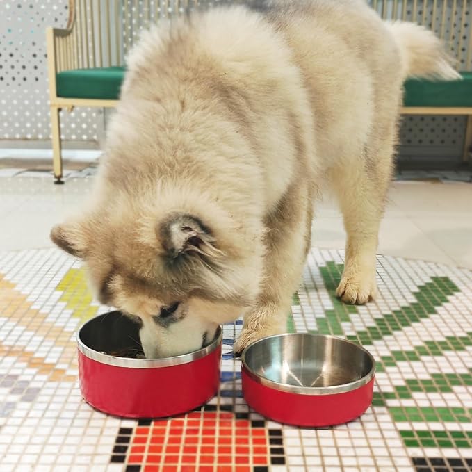 LIANLAI Stainless Steel Dog Bowls, Rust-Resistant Pet Bowls, Non Slip Dog Water Bowl, Versatile Feeding Bowls (Red，64 oz)