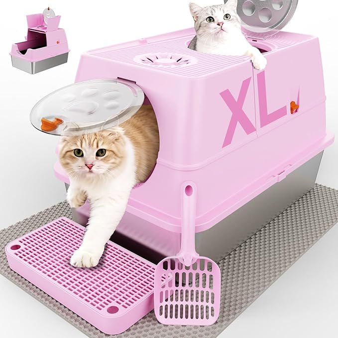 Stainless Steel Litter Box with Lid, XL Extra Large Litter Box, Enclosed Top Entry Metal Litterbox for Big Cat, Easy Cleaning, Anti-Leakage & High Sided with Mat, Aisle & Scoop, Pink