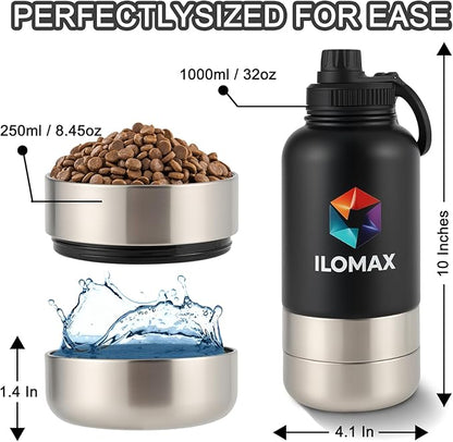 ILOMAX 3-in-1 Insulated Dog Travel Water Bottle, Stainless Steel, with Food & Water Bowls + Extra Magnetic Lid, Leak-Proof, Keeps Drinks Cold 12H/Hot 6H, Portable Hydration, 32oz (Black)