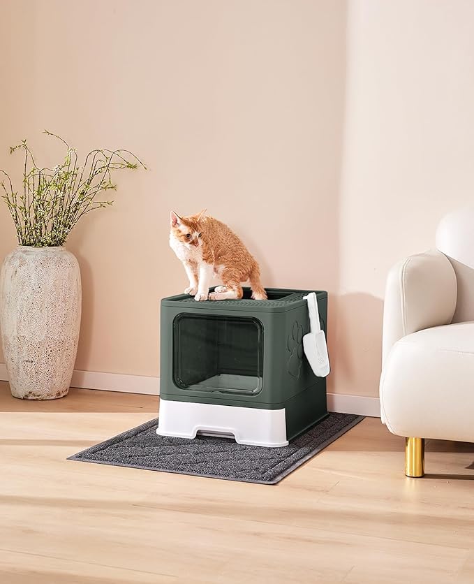 Cat Litter Box with X-Large Litter Mat and Scoop, Large Covered Litter Box with Lid, Enclosed Kitty Box,Front Top Entry Exit, Odor Control Easy to Clean (Upgrade Olive Green)