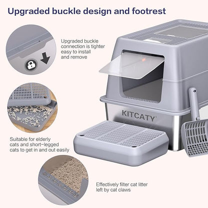 XXXL Stainless Steel Litter Box with Lid，Extra Large 28"L*20"W*18.1"H Metal Cat Litter Boxs,Jumbo Enclosed Removable Litter Box High Sides For Big Cats,with Cat Litter Scoop, Leak-Proof, Easy to Clean