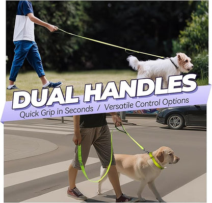 VIVAGLORY Dog Leash Twingrip Double Handle Dog Leash with Traffic Handle Control & 2 Loop for Walking & Training, Reflective Heavy Duty for Puppy Pet Collar, 6ft x 1/2in, Bright Yellow